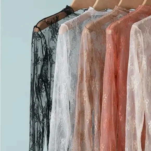 NEW Lace Sheer Long Sleeve Top - Black Sheer Feminine Long Sleeve Tee - Picture 5 of 8